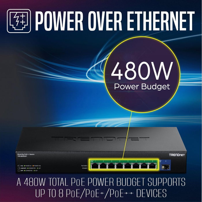 TRENDnet TPE-BG5091 Switch de 9 Puertos 2.5G con 1 Ranura SFP+ 10G y PoE++ 480W