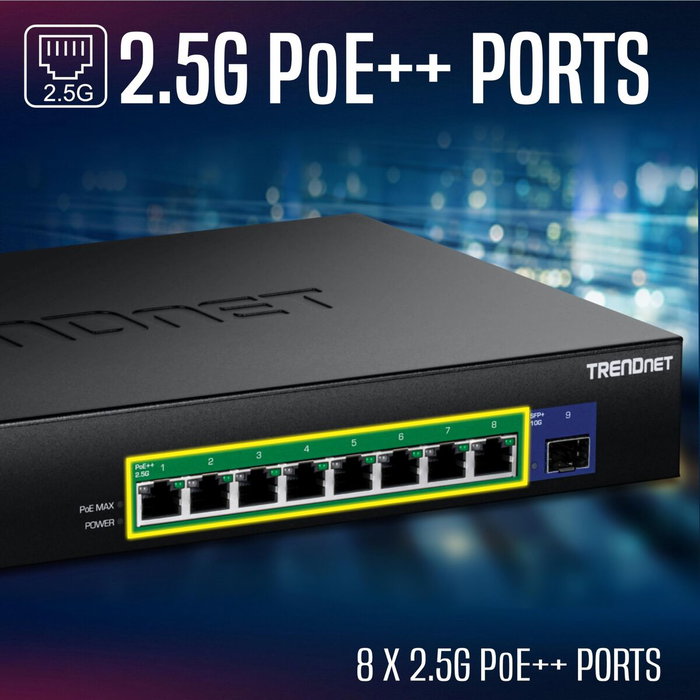 TRENDnet TPE-BG5091 Switch de 9 Puertos 2.5G con 1 Ranura SFP+ 10G y PoE++ 480W