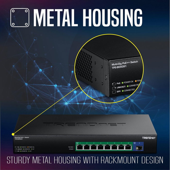 TRENDnet TPE-BG5091 Switch de 9 Puertos 2.5G con 1 Ranura SFP+ 10G y PoE++ 480W