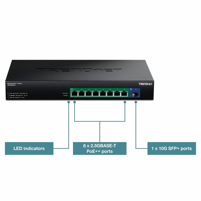 TRENDnet TPE-BG5091 Switch de 9 Puertos 2.5G con 1 Ranura SFP+ 10G y PoE++ 480W