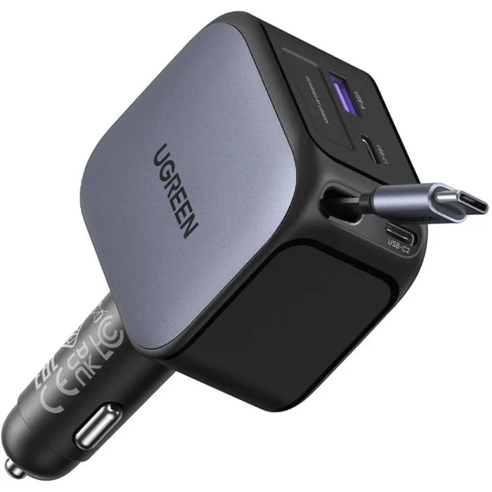 Ugreen Cargador de Coche 145W con Cable USB-C Retráctil y 4 Puertos