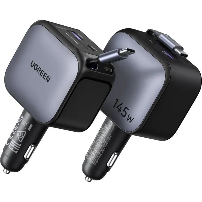 Ugreen Cargador de Coche 145W con Cable USB-C Retráctil y 4 Puertos