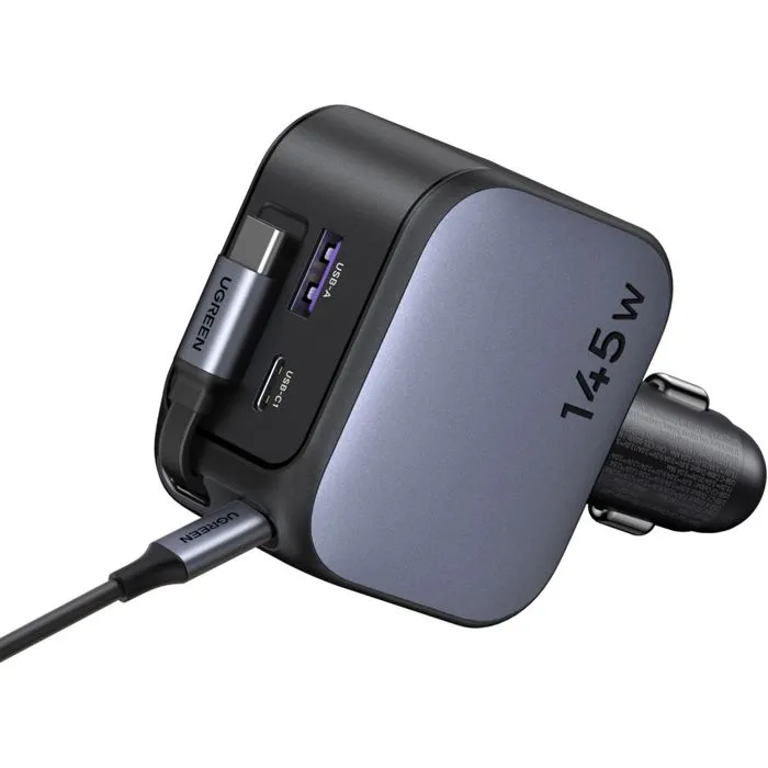 Ugreen Cargador de Coche 145W con Cable USB-C Retráctil y 4 Puertos