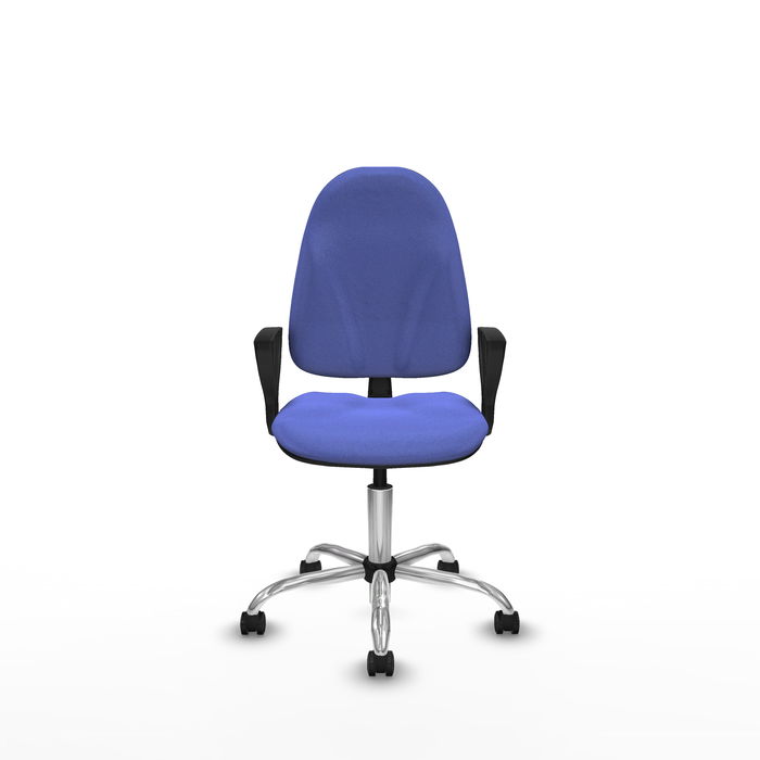 Silla de oficina Algarra con mecanismo Contacto permanente básico tapizada con Tela color Azul claro. Equipada con Base cromada, Brazos fijos y Ruedas de parqué