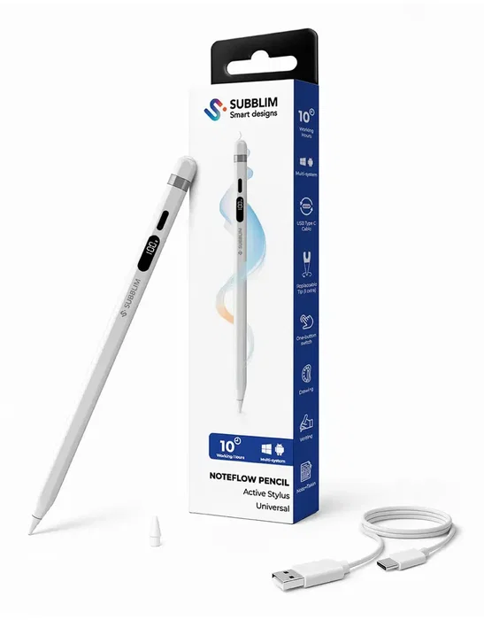 Subblim NoteFlow - Lápiz Digital Universal para Android y Windows con Pantalla de Batería, USB-C y Punta POM Reemplazable - Stylus para Tablets y Pantallas Táctiles