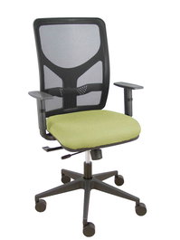 Silla de oficina Motilla con mecanismo Sincro/Traslack tapizada con Tela color Verde oliva y malla color Negro. Equipada con lumbar 1D, Brazos 1D y Ruedas 65mm nailon