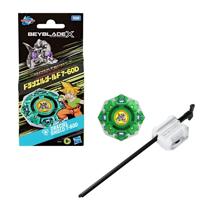 Beyblade Pack X-Over Project Draciel Shield 7-60D, Peonza de Defensa Beyblade X, Takara Tomy, Juguete Competitivo para Niños de 8 Años o Más