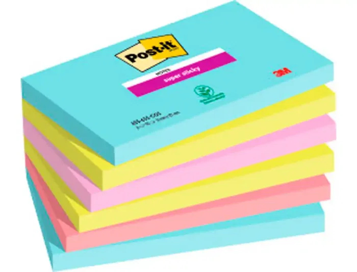 Post-it Bloc de notas adhesivas super sticky 76x127 mm, Pack de 6 unidades, Colores Miami, 90 hojas Post-it Bloc de notas adhesivas super sticky 76x127 mm, Pack de 6 unidades, Colores Miami, 90 hojas