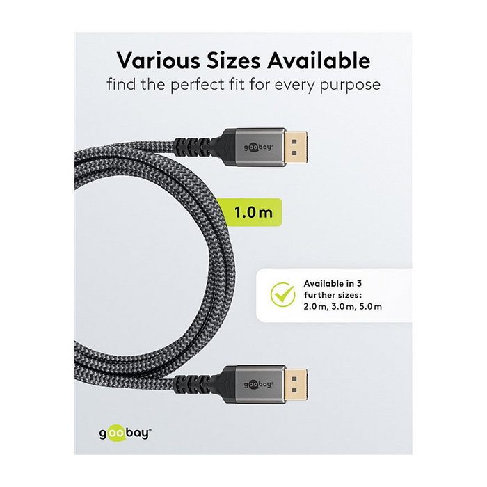 Goobay Plus DisplayPort 2.0/2.1 Kabel, 16K @ 60Hz, 80 Gbit/s, 3 Metros, Gris