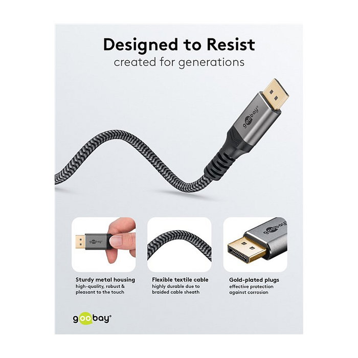 Goobay Plus DisplayPort 2.0/2.1 Kabel, 16K @ 60Hz, 80 Gbit/s, 3 Metros, Gris