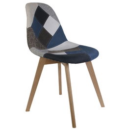 Home Deco Factory Silla Patchwork Azul-Gris Diseño Escandinavo Patas de Madera Asiento de Tela