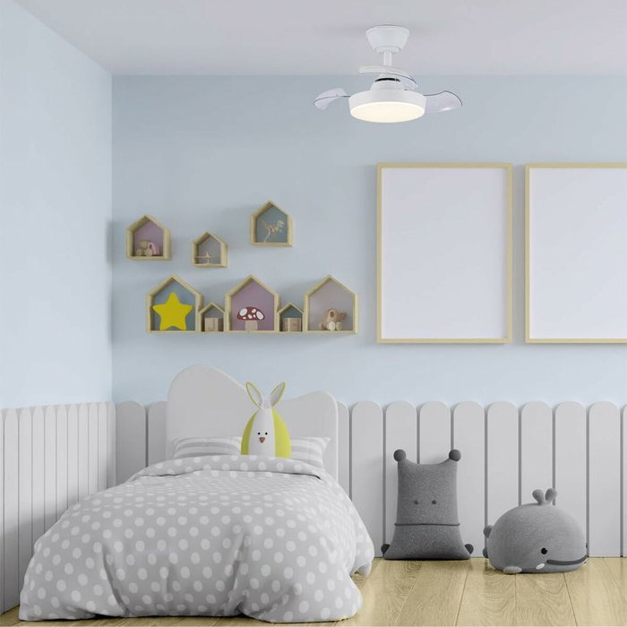 Cristalrecord Ventilador de techo Hornet blanco con aspas retráctiles y LED 3CCT Cristalrecord Ventilador de techo Hornet blanco con aspas retráctiles y LED 3CCT