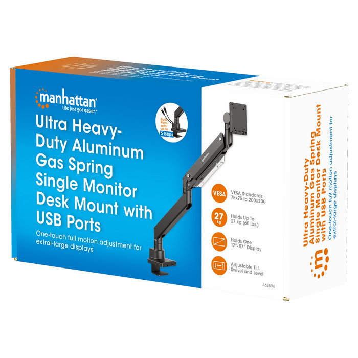 MANHATTAN Soporte Técnico de sobremesa para Monitor, soporte VESA 75-200mm, carga máx. 27kg, para pantallas de 17" a 57", con puertos USB (negro)