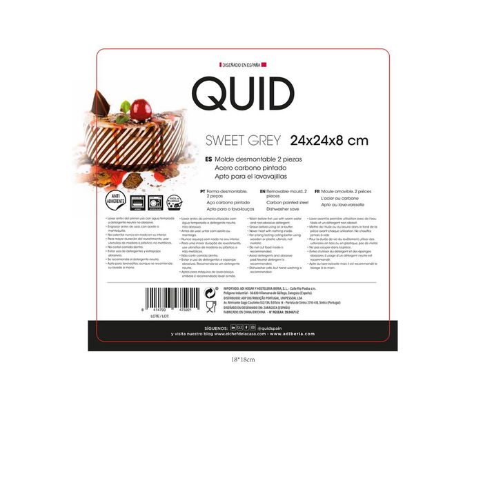 Molde Cuadrado Desmontable Acero Pintado Sweet Grey Quid 24 cm (12 Unidades)