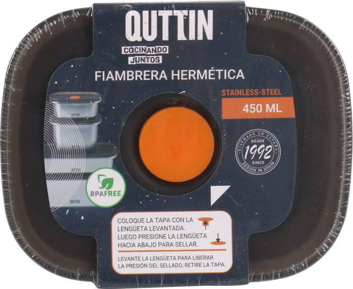 Quttin Fiambrera Hermética Rectangular 450 ml Acero Inoxidable 11.6 x 9.4 x 7.8 cm (12 Unidades)