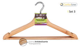 Confortime Set 3 Perchas Madera Natural Antideslizantes Conf 43.5x21.5x1.2 cm (24 Cajas)