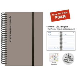 Agenda Escolar (2025-26) Senfort Student Foam Espiral Tapa Pp Con Goma 120X170 D/P Gris