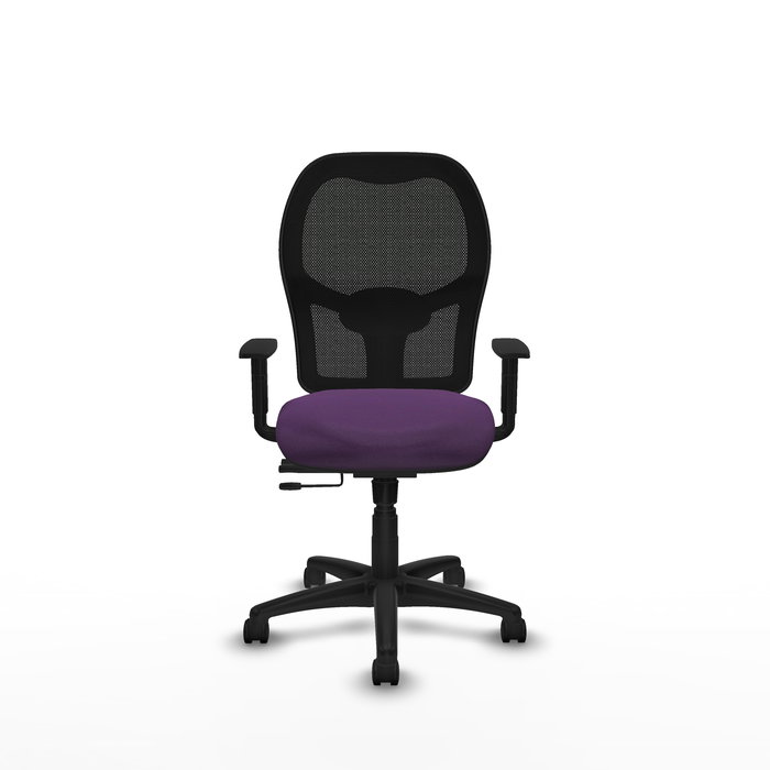 Silla de oficina Alocén con mecanismo Sincro/Traslack tapizada con Tela color Morado y malla color Negro. Equipada con lumbar 1D, Brazos 1D y Ruedas de nailon 50 mm