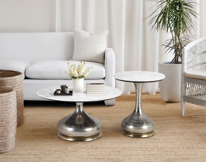 GINER Y COLOMER Lote de 2 Mesas de Centro con Tapa de Mármol Circular Aluminio Níquel Gris GINER Y COLOMER Lote de 2 Mesas de Centro con Tapa de Mármol Circular Aluminio Níquel Gris