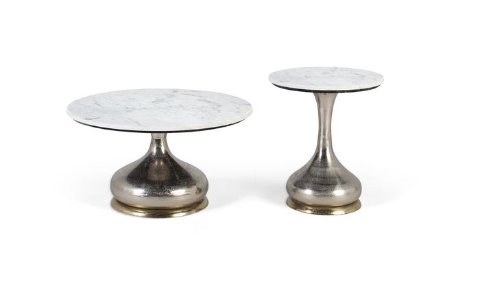 GINER Y COLOMER Lote de 2 Mesas de Centro con Tapa de Mármol Circular Aluminio Níquel Gris GINER Y COLOMER Lote de 2 Mesas de Centro con Tapa de Mármol Circular Aluminio Níquel Gris