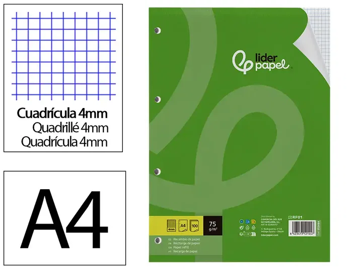 Liderpapel Recambio A4 100 Hojas 75gr Cuadro 4mm con Margen y 4 Taladros Liderpapel Recambio A4 100 Hojas 75gr Cuadro 4mm con Margen y 4 Taladros
