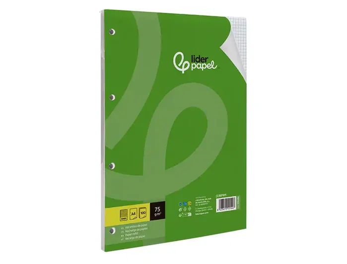 Liderpapel Recambio A4 100 Hojas 75gr Cuadro 4mm con Margen y 4 Taladros Liderpapel Recambio A4 100 Hojas 75gr Cuadro 4mm con Margen y 4 Taladros