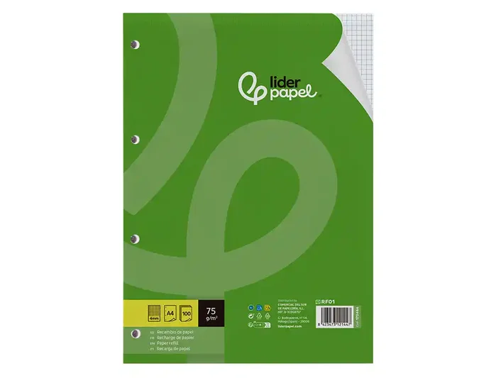 Liderpapel Recambio A4 100 Hojas 75gr Cuadro 4mm con Margen y 4 Taladros Liderpapel Recambio A4 100 Hojas 75gr Cuadro 4mm con Margen y 4 Taladros