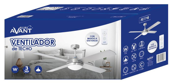 AVANT Ventilador de Techo Plateado 135 cm 70W 4 Aspas con Lámpara y Mando a Distancia - Modelo AVANT TECHO PLATEADO 135CM