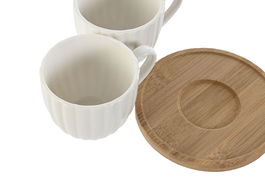 DKD Home Decor Taza de Porcelana y Bambú Blanca, Set de 6 Piezas, 90ml, 6.2 x 5.7 x 8.5 cm