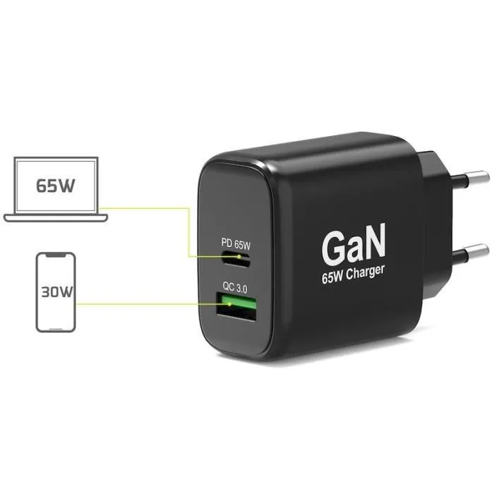 Port Designs Cargador GaN Pared 65W Negro 902104EU, USB-C y USB-A