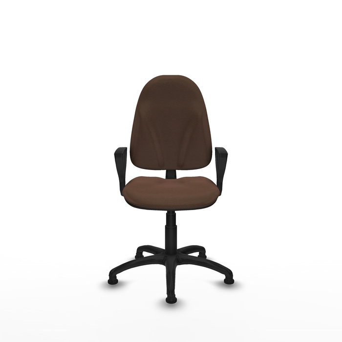 Silla de oficina Algarra con mecanismo Contacto permanente básico tapizada con Tela color Marrón oscuro. Equipada con Base poliamida negra, Brazos fijosy Topes