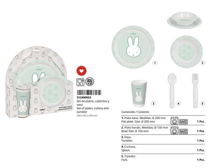 Set de vajilla infantil Miffy Menta (5 Piezas)