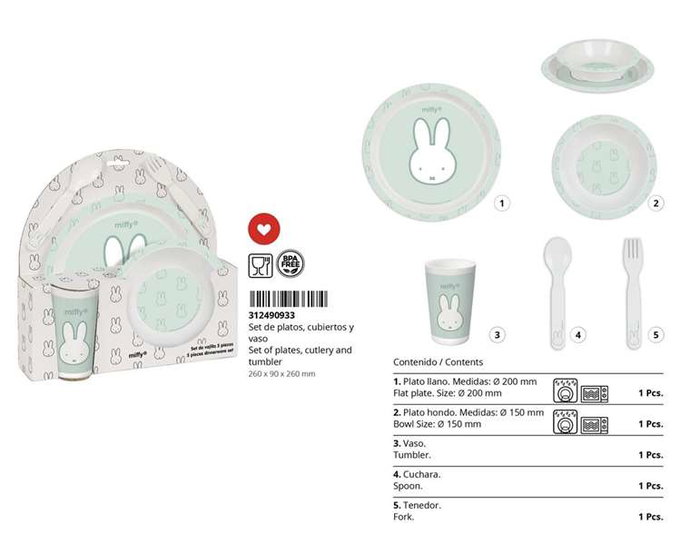 Set de vajilla infantil Miffy Menta (5 Piezas)