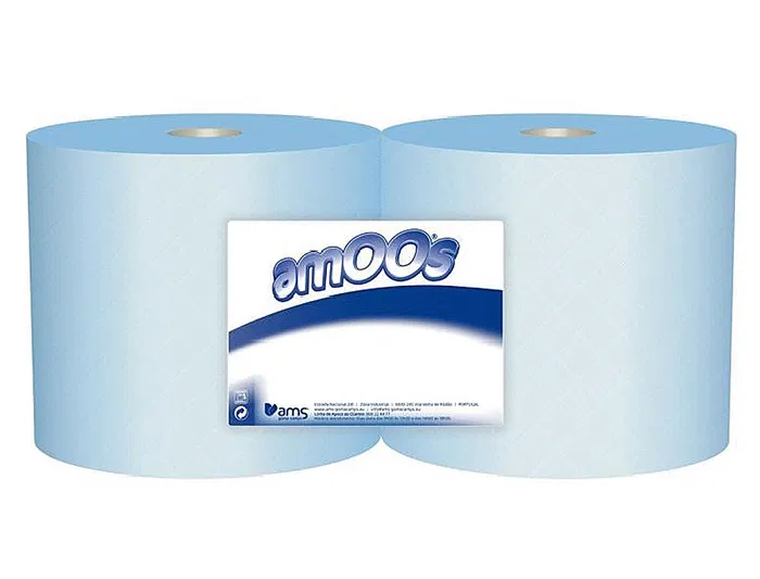 Amoos Papel Secamanos Industrial 2 Capas Azul, 222 mm x 300 m, Paquete de 2 Rollos