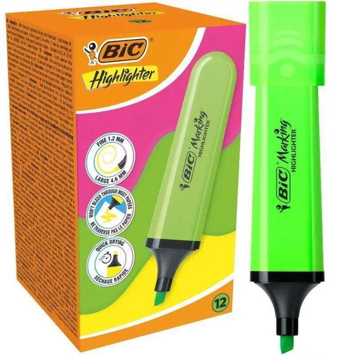 BIC - Caja de 12 Marcadores Subrayadores Highlighter Flat Neon Verde para Resaltar Texto