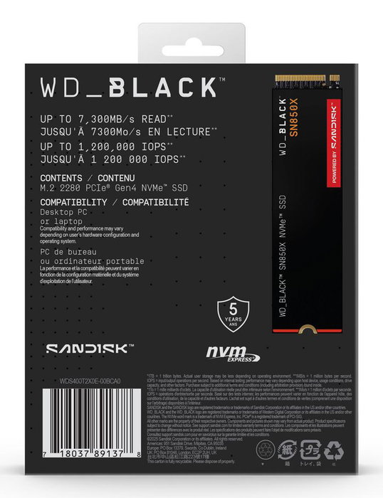 Western Digital WD_BLACK SN850X SSD NVMe M.2 PCIe 4.0 para Gaming, 4 TB, con velocidades de hasta 7300 MB/s, Negra