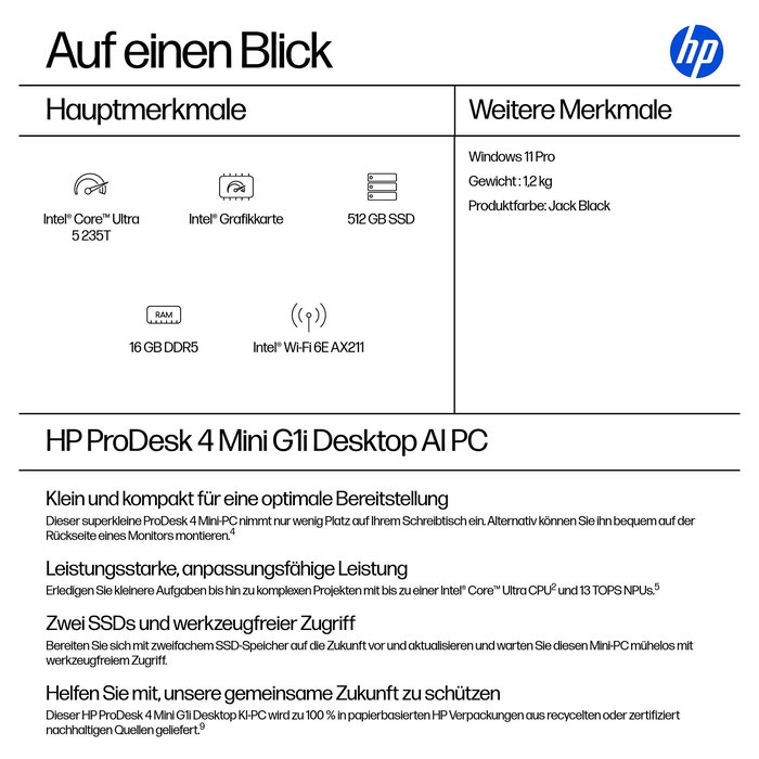HP ProDesk 4 Mini G1i CU5-235T Ordenador de Sobremesa 16GB RAM 512GB SSD WLAN Windows 11 Pro
