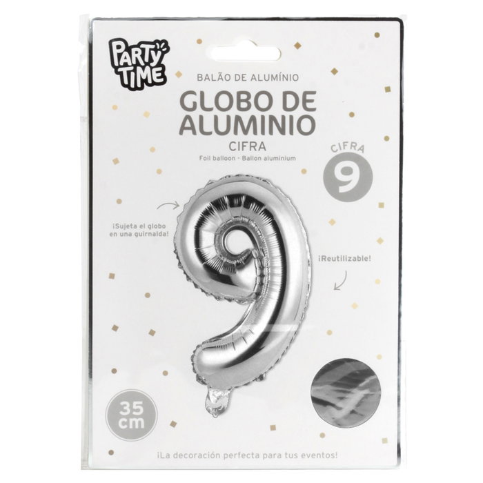Party Time Globo Cifra 9 Plata, Altura 35 cm