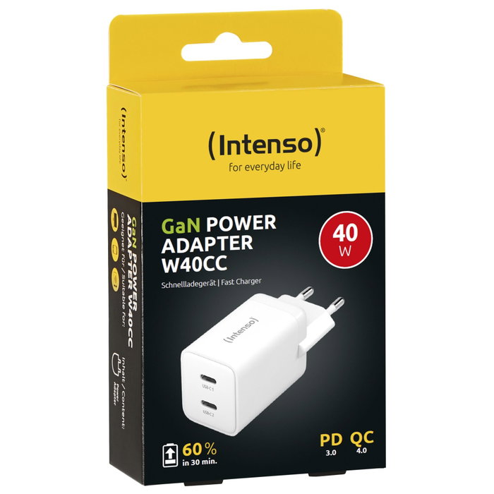Intenso Adaptador de Corriente W40CC GaN Blanco 2x USB-C 40W Intenso Adaptador de Corriente W40CC GaN Blanco 2x USB-C 40W