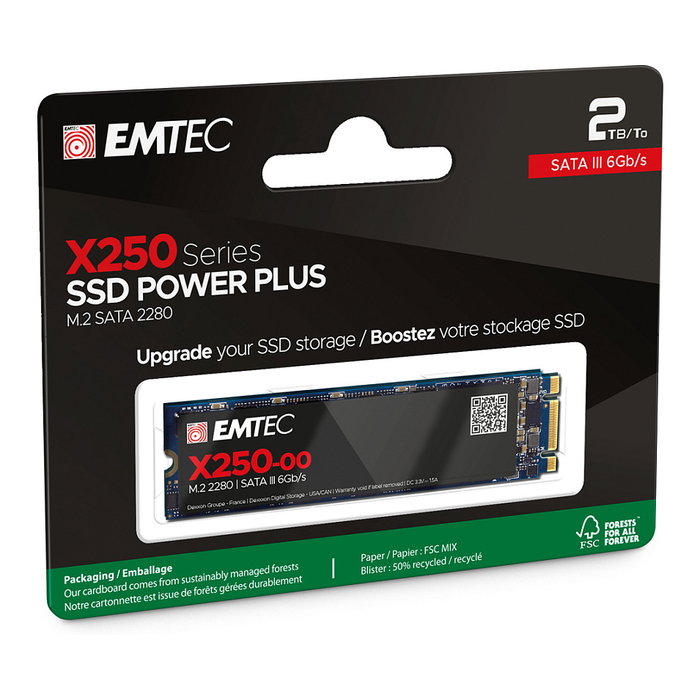 Emtec X250 Disco SSD Interno M.2 SATA III de 2 TB, 2280, 3D NAND, 520 MB/s Lectura, 500 MB/s Escritura