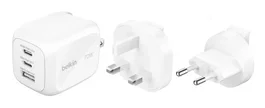 Belkin BoostCharge Pro - Cargador de Pared 70W GaN Universal con 3 Puertos (2 USB-C, 1 USB-A), Carga Rápida PD/PPS, Compacto, Color Blanco, Enchufes EU/UK