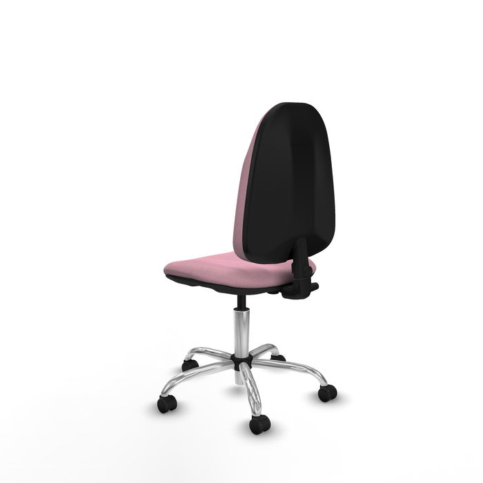 Silla de oficina Algarra con mecanismo Contacto permanente básico tapizada con Tela color Rosa. Equipada con Base cromada, Sin brazos y Ruedas autofrenantes