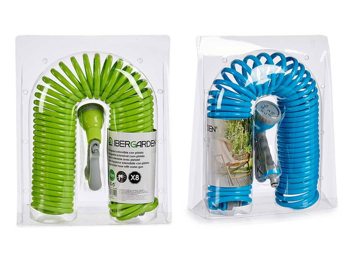 IBERGARDEN Manguera 15 m con 8 Boquillas Surtidas, Colores Azul y Verde, Dimensiones 11x40x33cm (Set de 6)
