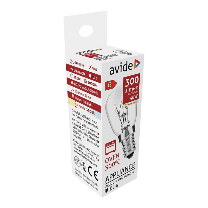 avide Bombilla para horno AROB14WW-40W E14 300lm Blanco cálido