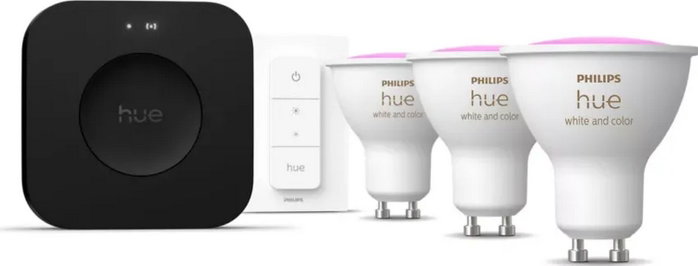 Philips Hue White and Color Ambiance Starter Kit con 3 bombillas GU10, Bridge Pro e interruptor
