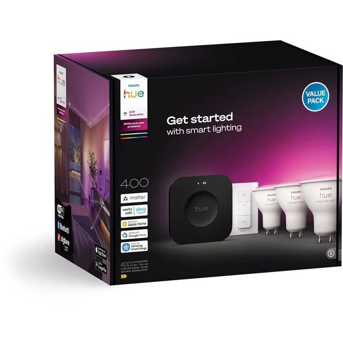 Philips Hue White and Color Ambiance Starter Kit con 3 bombillas GU10, Bridge Pro e interruptor