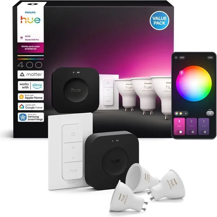 Philips Hue White and Color Ambiance Starter Kit con 3 bombillas GU10, Bridge Pro e interruptor