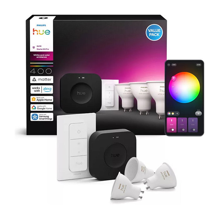 Philips Hue White and Color Ambiance Starter Kit con 3 bombillas GU10, Bridge Pro e interruptor