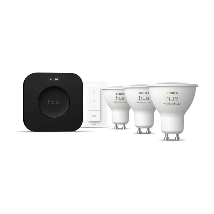 Philips Hue White and Color Ambiance Starter Kit con 3 bombillas GU10, Bridge Pro e interruptor