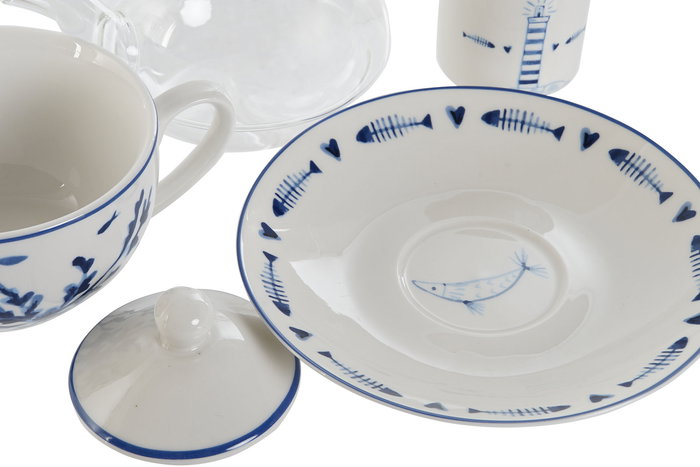 DKD Home Decor Tetera Finisterre Atlantico Cristal Porcelana Blanco Azul Set de 3 Piezas 13.5 x 14 x 16.5 cm
